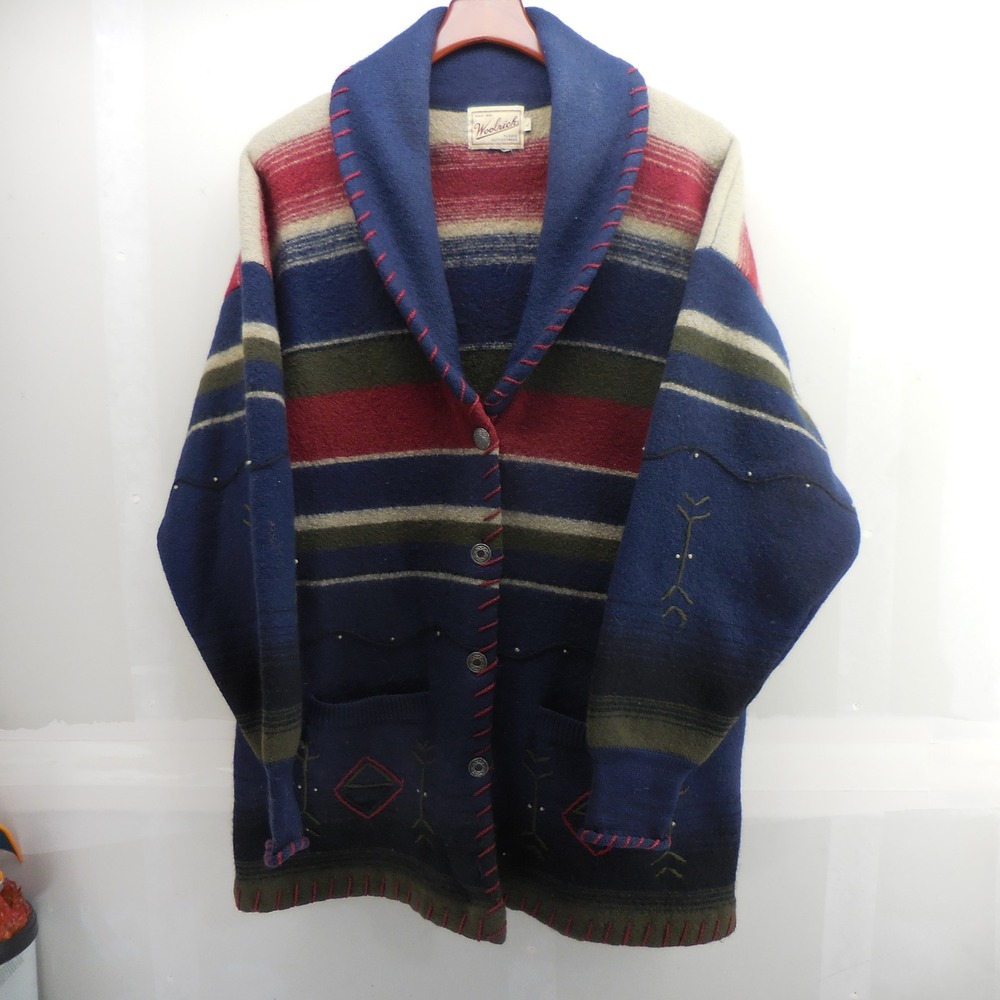 Woolrich Vintage 100% Wool Southwestern Striped Shawl Cardigan Sweater Navy L
